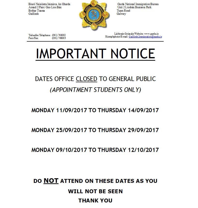 galwaylanguage's tweet photo. Have a look at the notification below for all dates the Galway GNIB office will be closed including next week https://t.co/S9s8ffgXdg