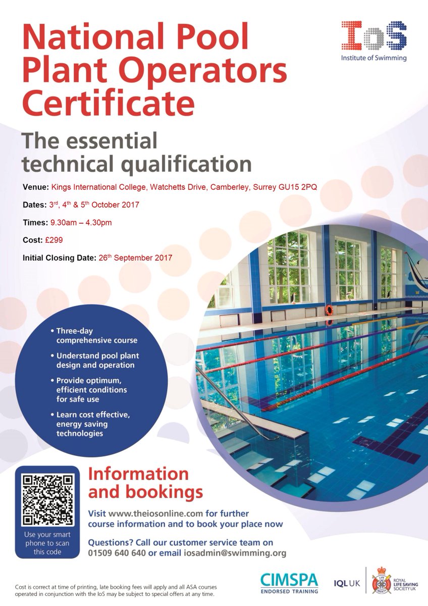 Upcoming #IoS 3 day course at #KingsInternational #Camberley for the technical qualification of Pool Plant Operator for #SwimTeacher