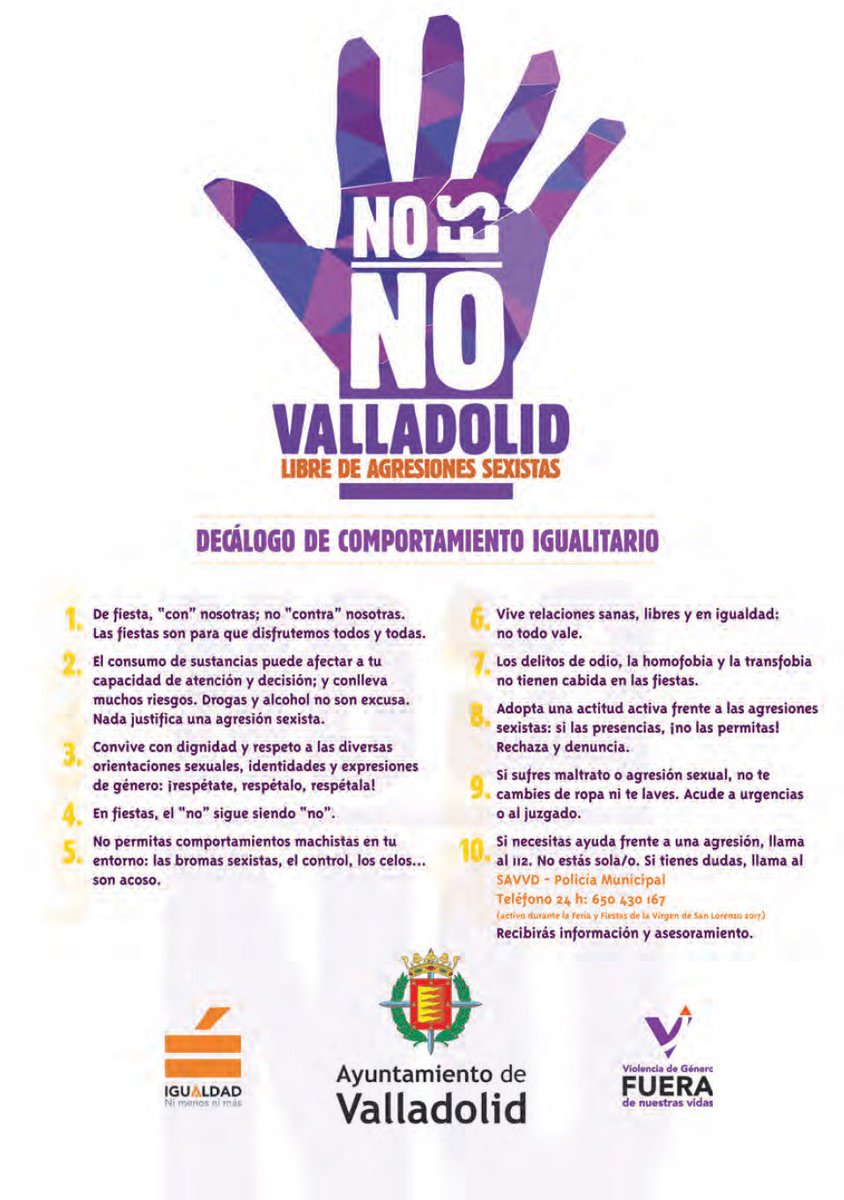 Por unas #FiestasVLL2017 libres de agresiones sexistas #NOesNO. Aquí tenéis el 'Decálogo del comportamiento igualitario' 👇