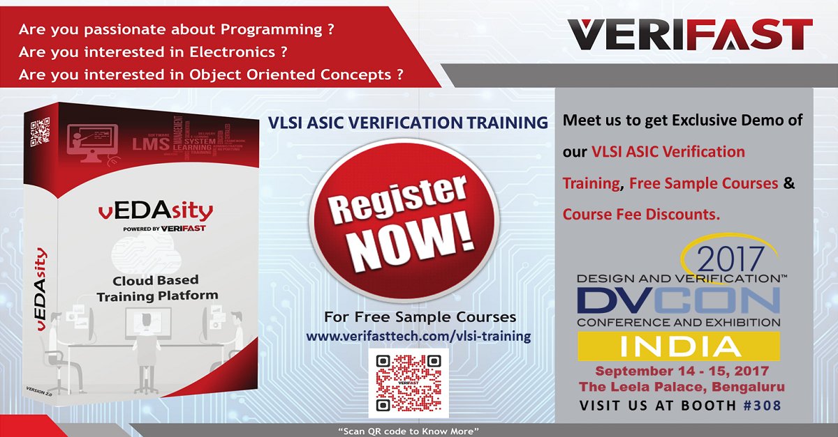 verifasttech's tweet photo. Visit @verifasttech's stall #308 at @DVConIndia 2017 to get Exclusive Demo of our #VLSI #ASICVerification Training https://t.co/FhyKBoAj3T https://t.co/uNZ6VCpFbA