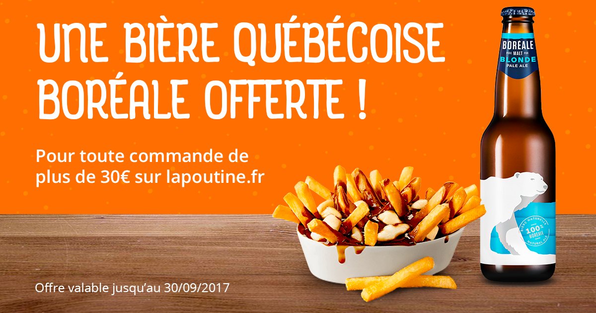 PoutineFr's tweet photo. Pour toute commande de 30€ et plus, on vous offre une @BiereBoreale ! https://t.co/emwKG1Hi45 #beer #Quebec #Poutine https://t.co/HxHvR5LZcw