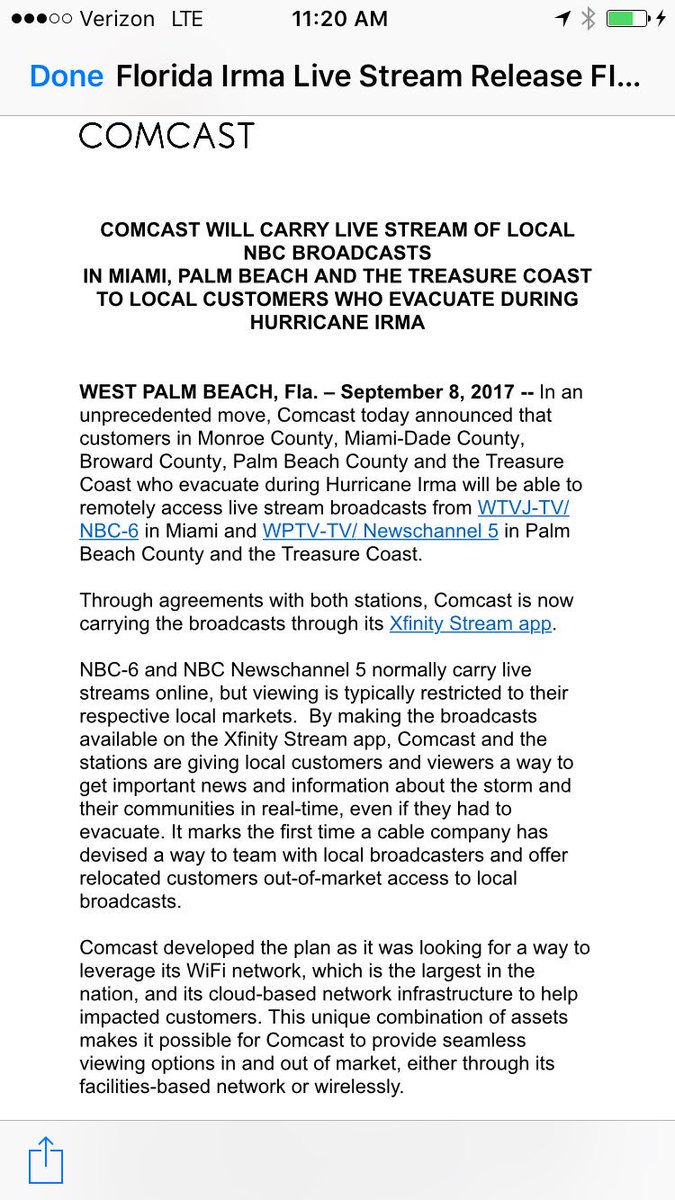 All customers evacuating #Irma in South FL can now get their "local news" wherever they r from <a href="/nbc6/">NBC 6 South Florida</a> &amp; <a href="/WPTV/">WPTV</a> through our Xfinity Stream app