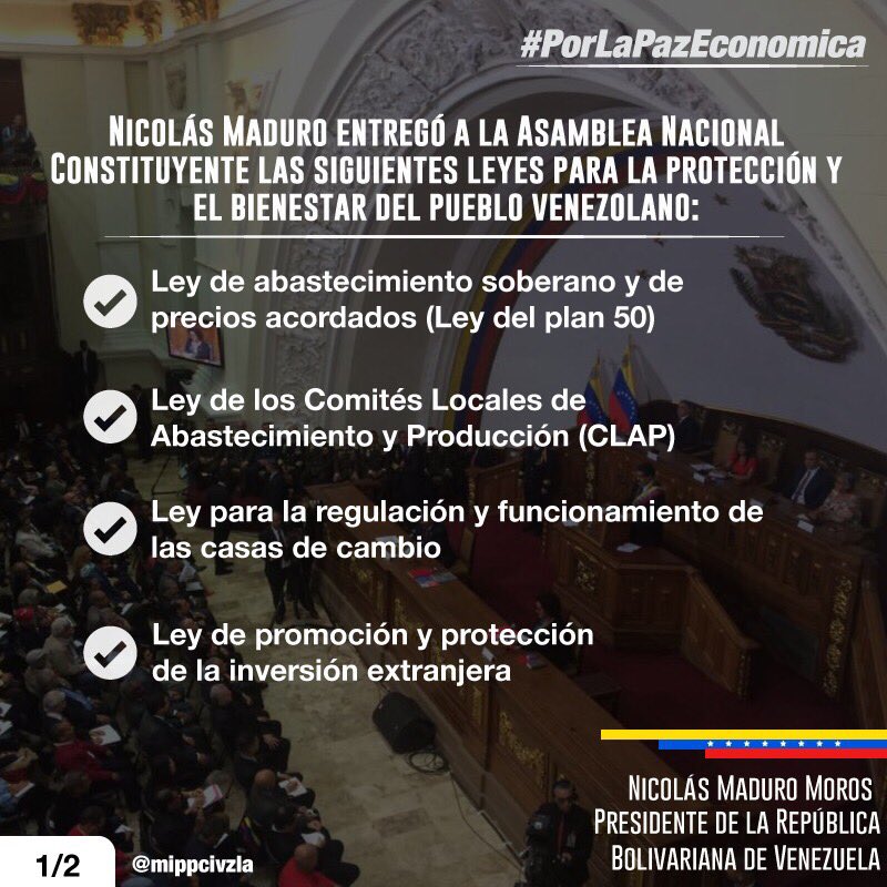 PartidoPSUV's tweet photo. Conozca las 8 propuestas de Ley entregadas por el Pdte. @NicolasMaduro a la ANC para alcanzar la paz económica #AQUÍ https://t.co/f99prv5kQi