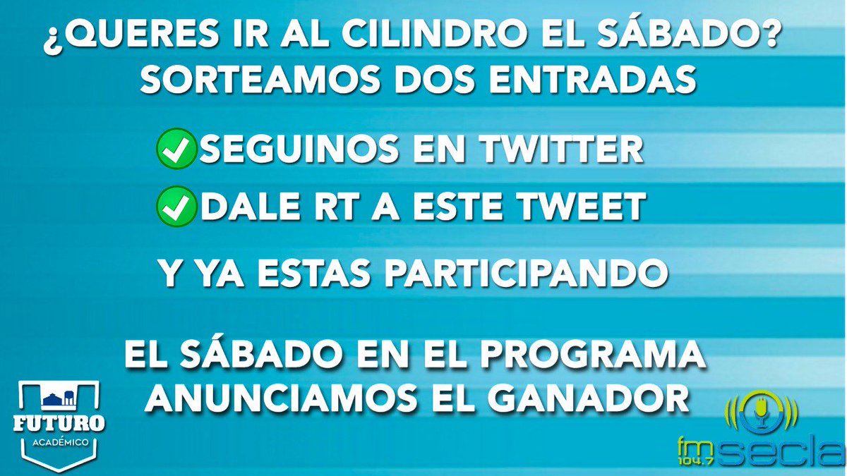 FuturoAcademia's tweet photo. ¡ATENCIÓN #RACING! Sorteamos un par de entradas.
¡Prendete mañana desde las 10.45 a FM104.7 - https://t.co/q6dlld1E0Q y @racing24ok! https://t.co/dbLdLe9erB