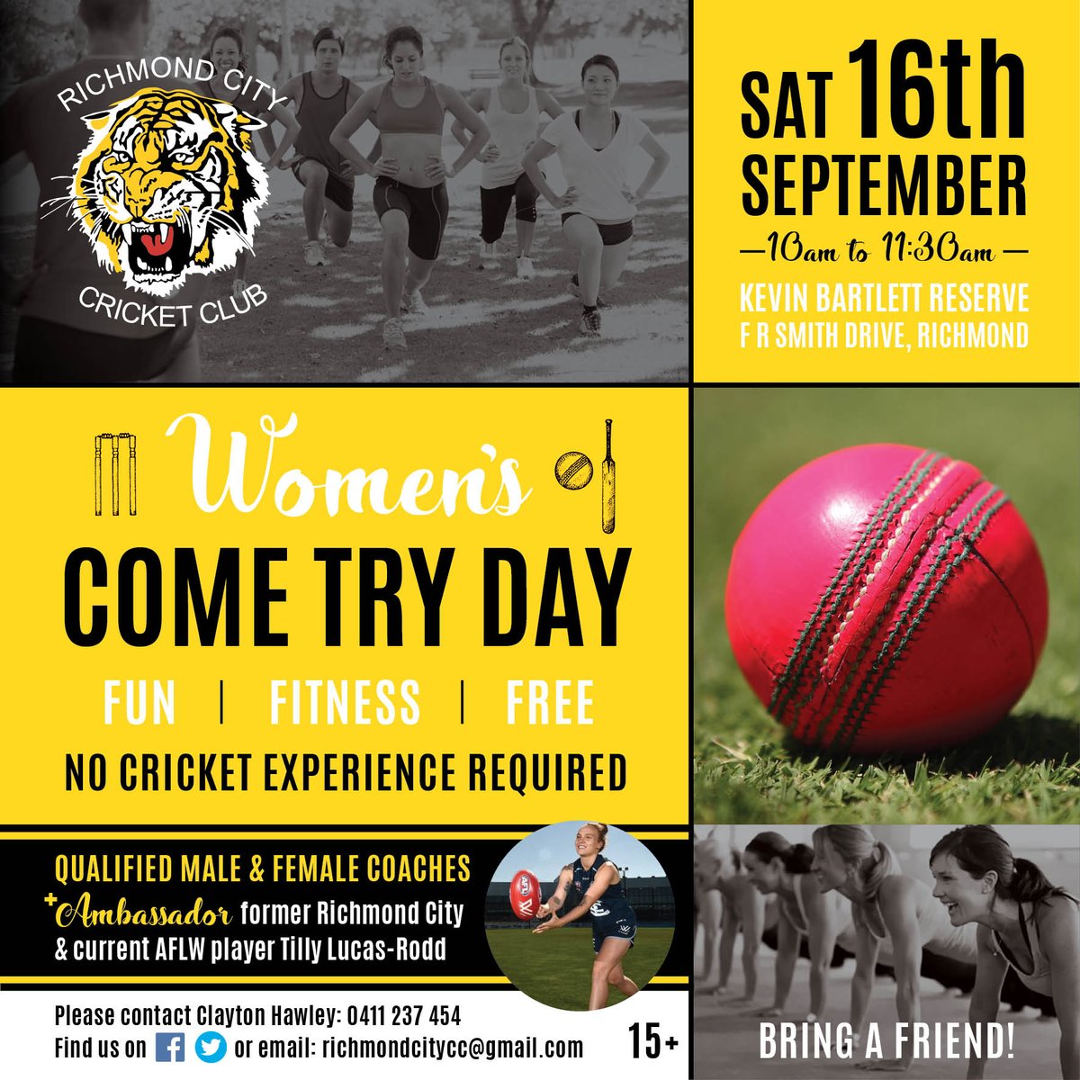 We are hosting a Women's Come Try Day Sat 16th Sep. Fun and fitness for any level with AFLW and former RCCC player Tilly Lucas-Rodd