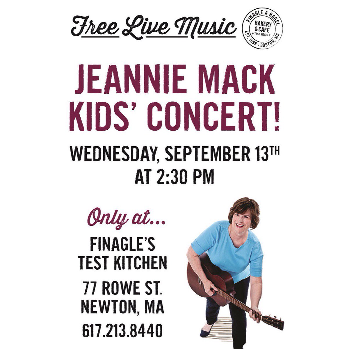FinagleaBagel's tweet photo. Join us next Wednesday, 9/13 for a Jeannie Mack kids concert at our Test Kitchen! #NewtonMA https://t.co/8o2yk4cOSR