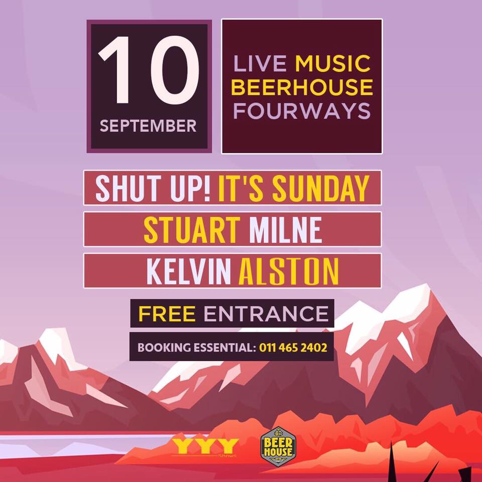 BEERHOUSE4ways's tweet photo. Pull in for some #SundayRock from 2pm. We have this lekker line up, presented by @YYYSHOWS: @ShutUpItsSunday, Stuart Milne &amp; @Kelvinalston. https://t.co/xFnpALrPUL