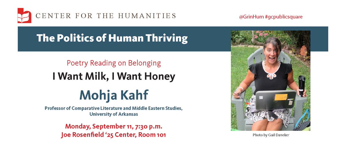GrinHum's tweet photo. What does belonging mean to you? Syrian-American writer @ProfKahf will share her thoughts @GrinnellCollege on 9/11/17. Come join @GrinHum! https://t.co/2U6ybE1jUi