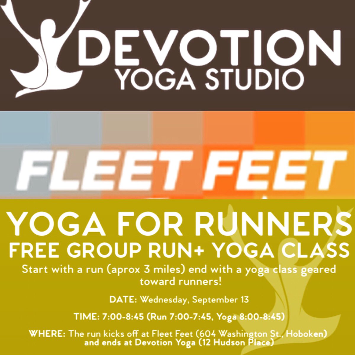 FFHoboken's tweet photo. Can't wait for our event on Wed 9/13 with @DevotionYoga! Run followed by Yoga for Runners! Run 7-7:45pm (start at FF) Yoga 8-8:45pm. FREE! https://t.co/8TgnIjKNNV