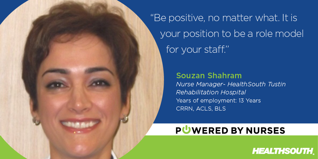 encompasshlth's tweet photo. HealthSouth Tustin's Souzan Shahram shares her advice for future nurse managers. #PoweredByNurses https://t.co/co6uPymZcj