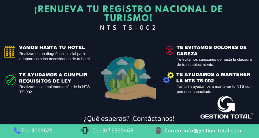 gestiontotal_co's tweet photo. ¡Renueva tu #RegistroNacionaldeTurismo! Implementa la norma sectorial NTS #TS002. Fácil y a la medida. ¡Escríbenos! info@gestion-total.com https://t.co/pD6GdElSMQ