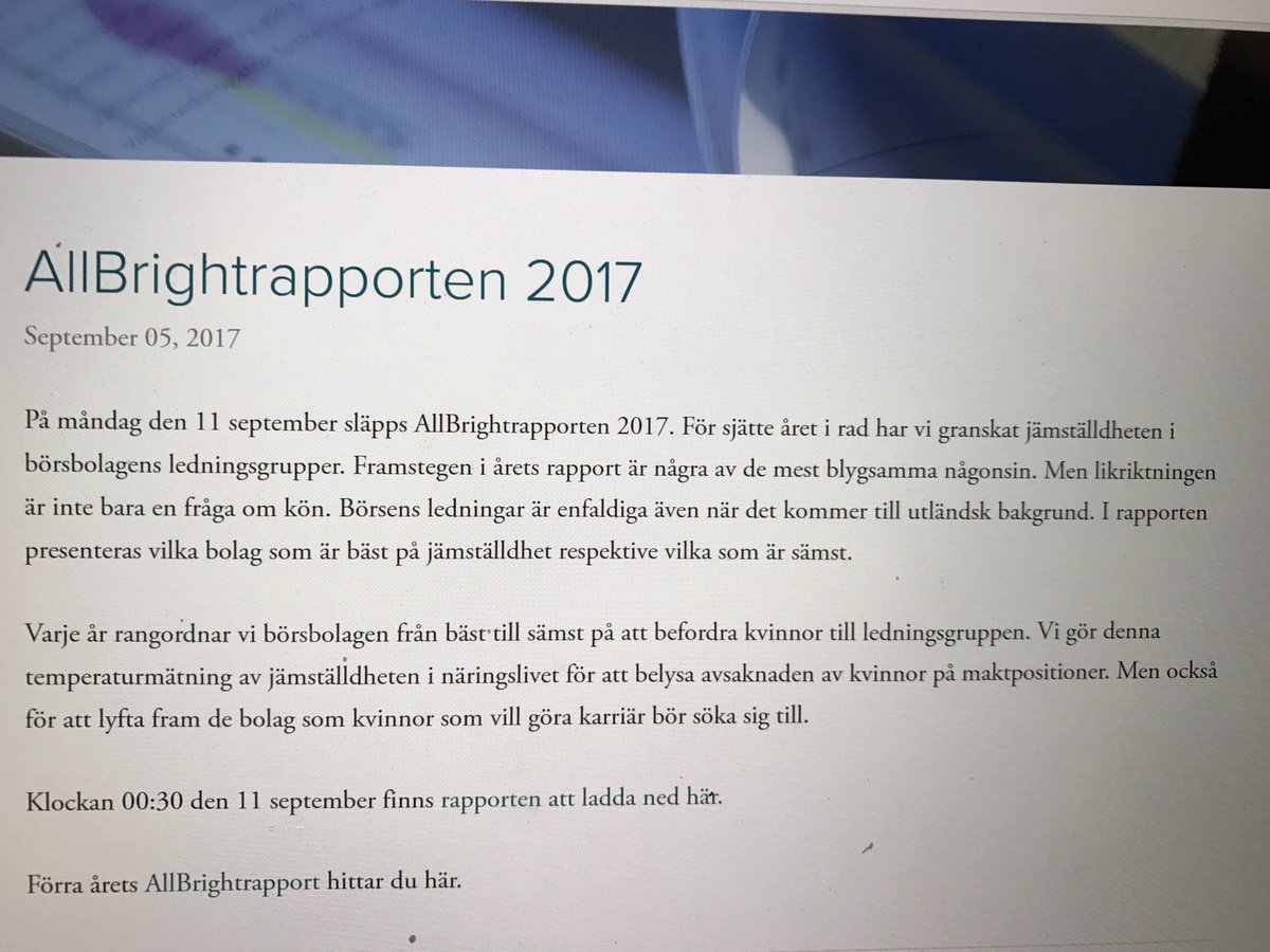 På måndag, den 11/9, kommer vi sitta bänkande kl 00.30 och vänta på <a href="/AllBrightSwe/">AllBright</a> färska rapport angående jämställdheten i börsbolagen