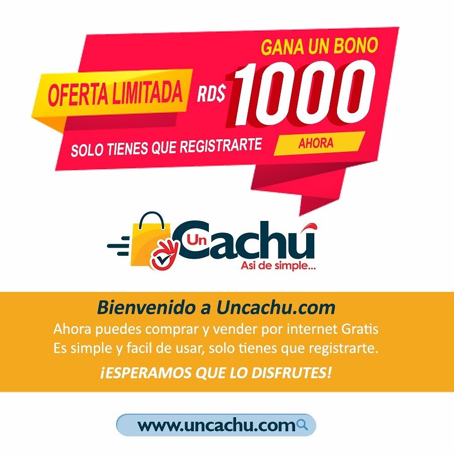 Uncachu's tweet photo. Quieres ganar un bono de RD$1000 ? Registrarte en https://t.co/GCWsBhACi0
#VenderyComprarRD #UnCachu #UnCachuRD https://t.co/dzdEqRiHuy