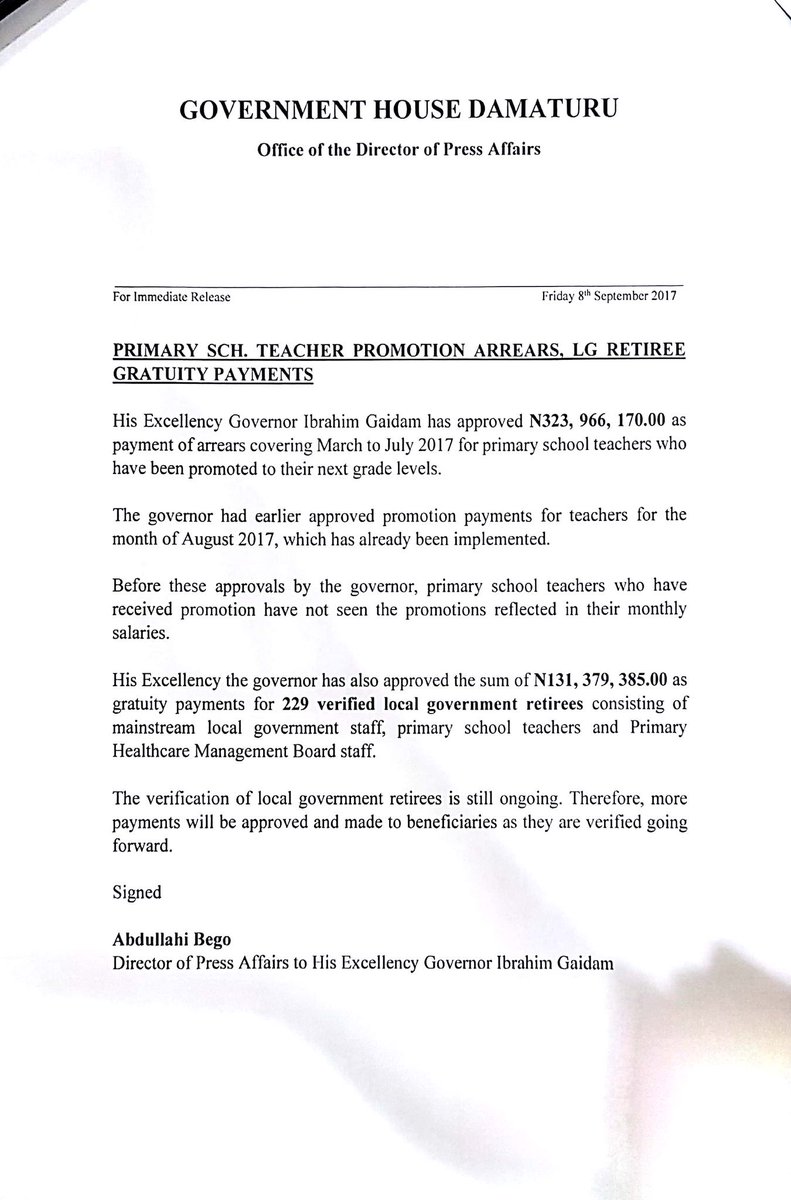Abdullahi Bego (@begos) on Twitter photo Gov. Gaidam Approves Payment of Promotion Arrears for Pri Sch Teachers, Gratuities for Retired LG Staff <a href="/GovtYobeState/">Yobe State Government</a> Gov. Gaidam Approves Payment of Promotion Arrears for Pri Sch Teachers, Gratuities for Retired LG Staff <a href="/GovtYobeState/">Yobe State Government</a>