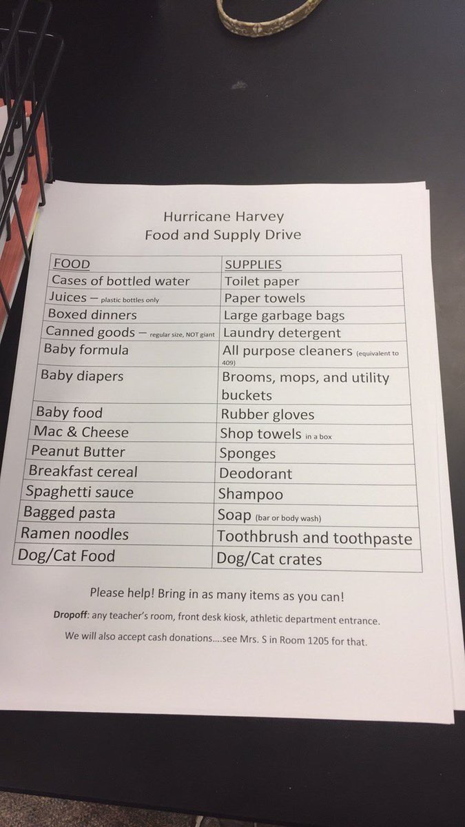 <a href="/WWSWHS/">Westfield High</a> Bring supplies for Hurricane Harvey. We will be at both gates collecting these items.