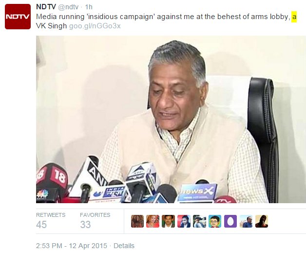 16Moving on to editorial 'oversights'He is 'a' VK Singh. Of course,  #NDTV won't mention his rank which he carries even post retirement!