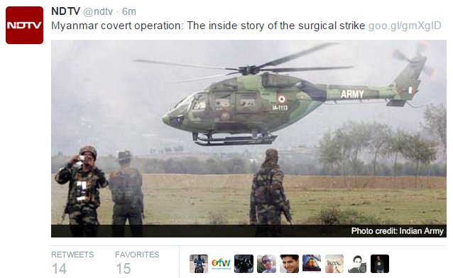 21Report on Myanmar Raid. Using a picture of an IA chopper in Kashmir in 2009, possibly a flight carrying mortal remains of Maj Suri, KC(P)