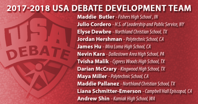 speechanddebate's tweet photo. We're proud to announce 2017/2018 #USADebate Development Team. The team will train and practice w/ USA Debate coaches and alumni. Congrats! https://t.co/JiedZMOIJZ