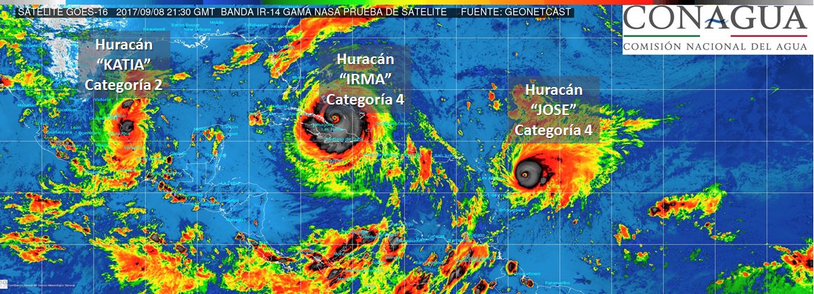 conagua_clima's tweet photo. #CiclonesTropicales activos en el Océano #Atlántico con los huracanes:  #Katia categoría 2, #Irma categoría 4 y #Jose categoría 4 https://t.co/kT4wYENnKT