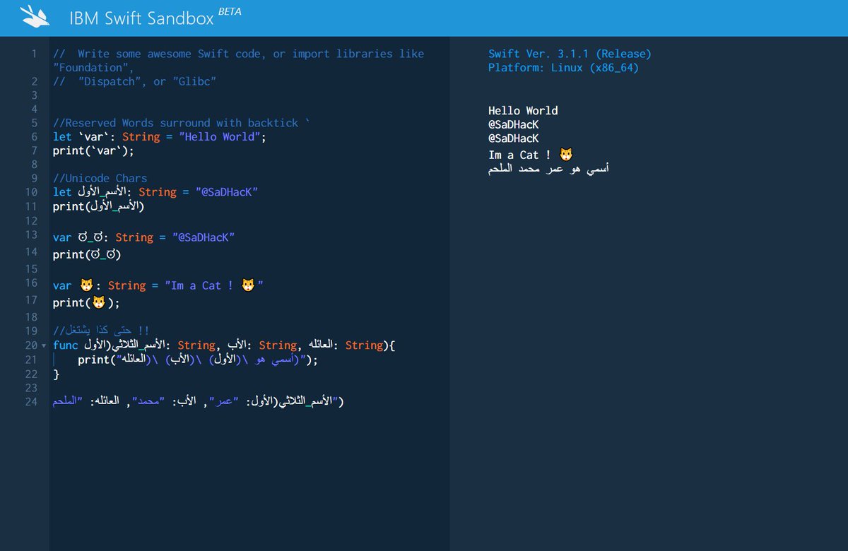 sadhack's tweet image. #SwiftIsAwesome هل تعلم أنه بالإمكان تعريف متغير variable باللغه العربيه (أو اي حرف Unicode) في لغه Swift من ابل !! #BadCoding !