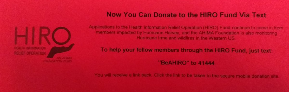 OhioHIMA's tweet photo. The @AHIMAFoundation HIRO fund discussed at our BOD Meeting today. This flyer shared with membership. Text "BeAHIRO" to 41444 to donate! https://t.co/upFGymFs2S