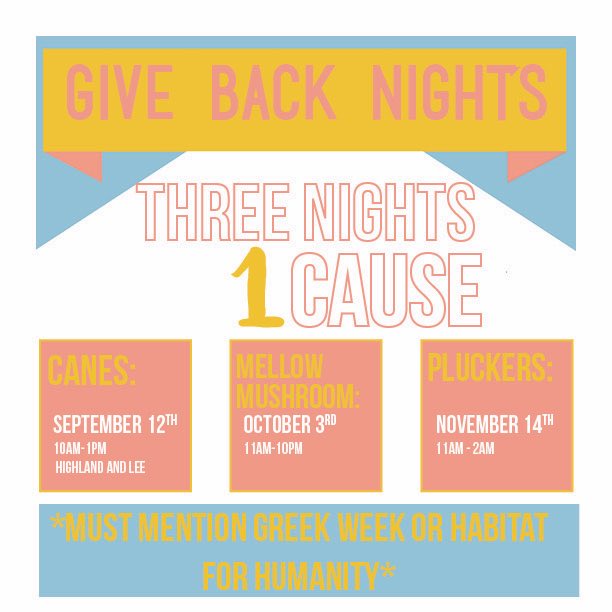 LSU_Greeklife's tweet photo. Our first give back night at Canes! Nxt Tuesday go to Canes (on Highland or Lee) &amp; make sure to mention Habitat for Humanity or Greek Week! https://t.co/LOBXwQjdPo