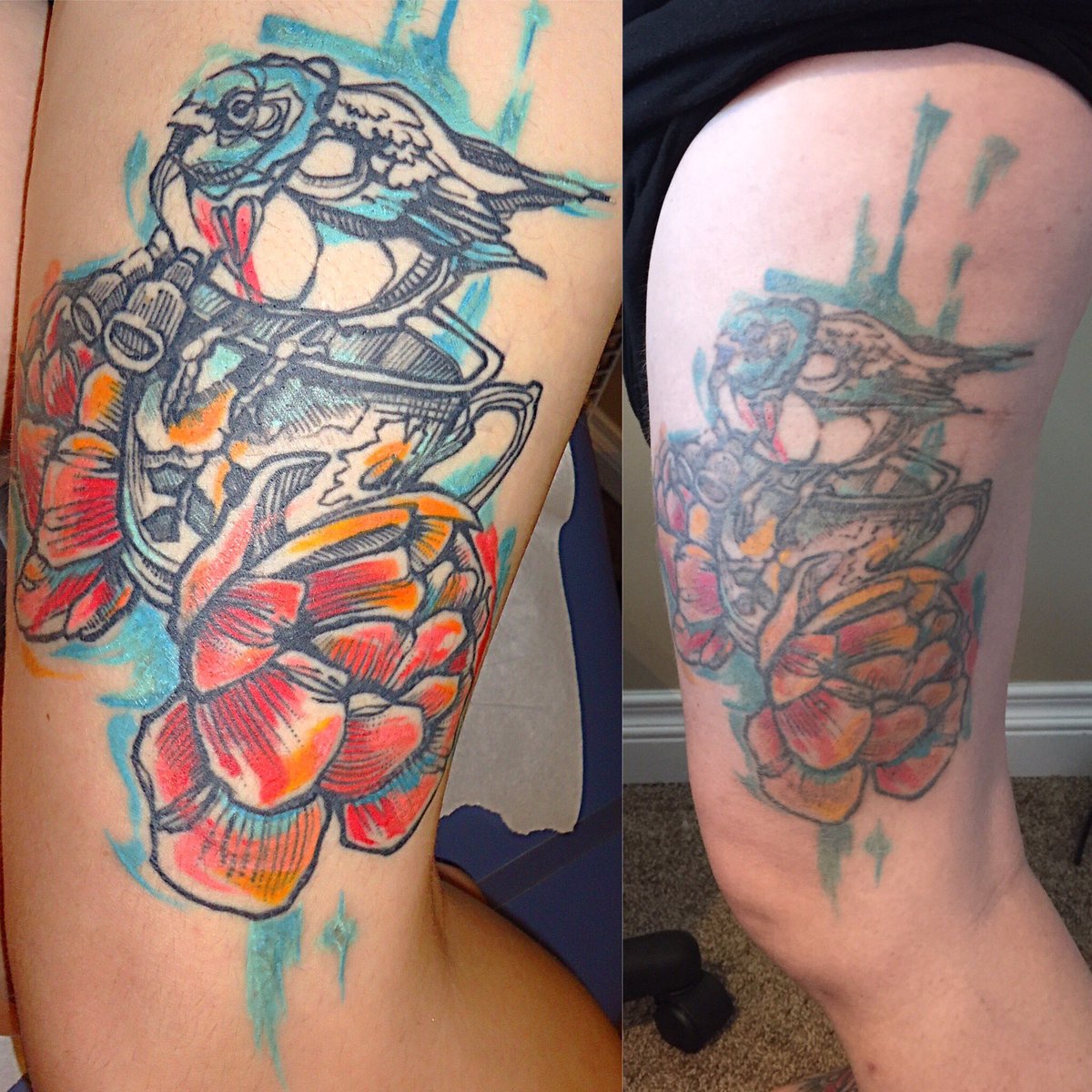 bionicremoval's tweet photo. Loving the progress on this large, vibrant leg tattoo I am working on removing for my client. #bionictattooremoval #tattoo https://t.co/mwGSuMyADH