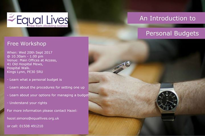 equallives_org's tweet photo. Weds 20th Sep 10.30-1pm An intro to Personal Budgets in Kings Lynn. Booking req. Info: https://t.co/omW9j28WLM #equallives #personalbudgets https://t.co/Bqg6Blr9hv