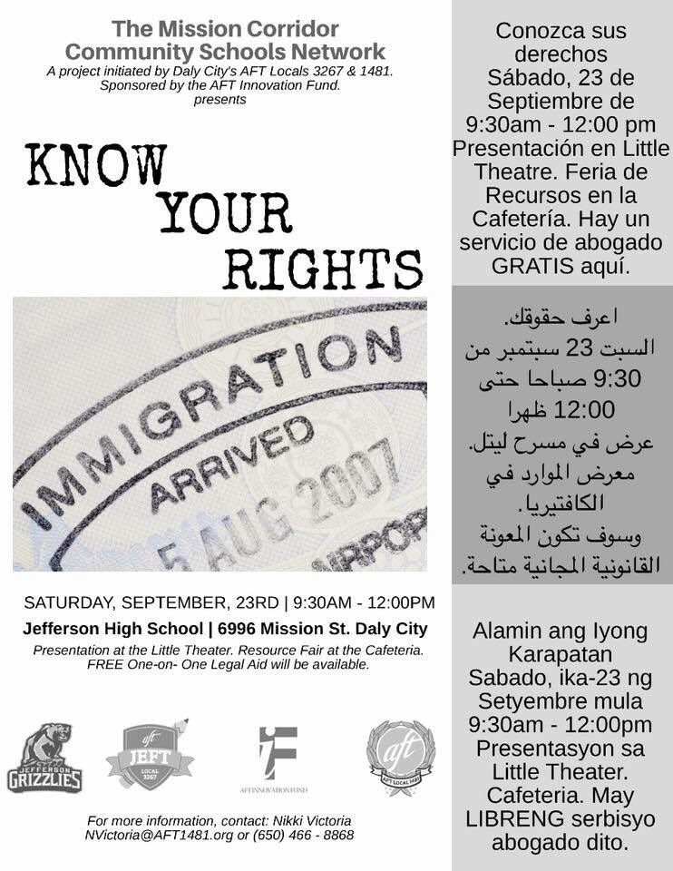 Mark your calendars for a very important "Know Your Rights" Immigration presentation. 1-on-1 legal aid available.