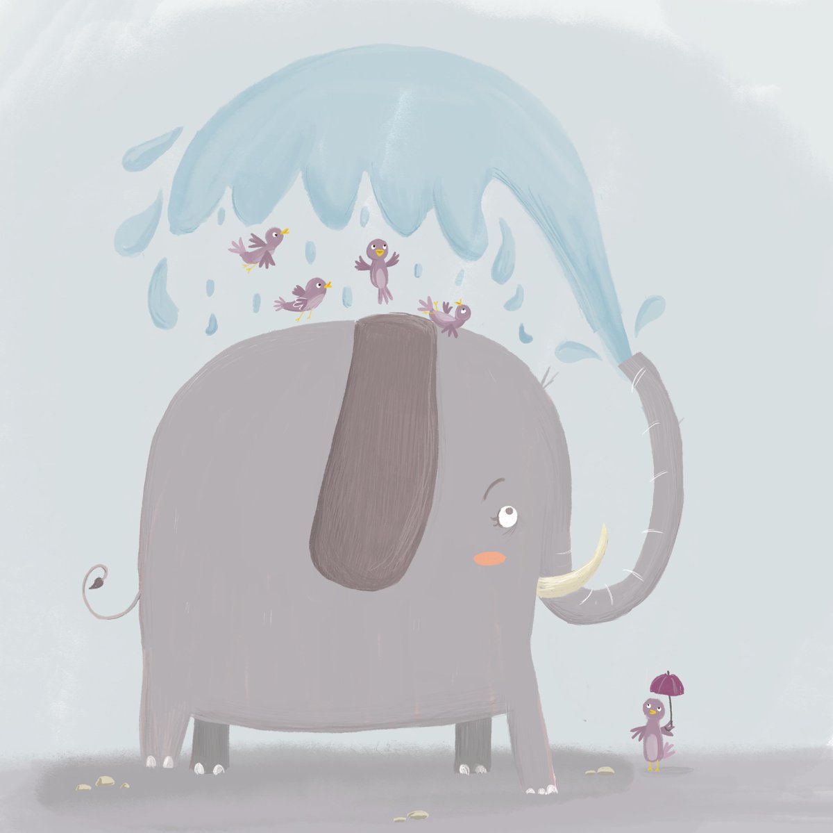 liltompkins_'s tweet photo. Hi #colour_collective! it's been a while, but here is my picture for #timberwolf grey.. an elephant giving birds a bath! #kidlitart https://t.co/3HC2dXYvtQ