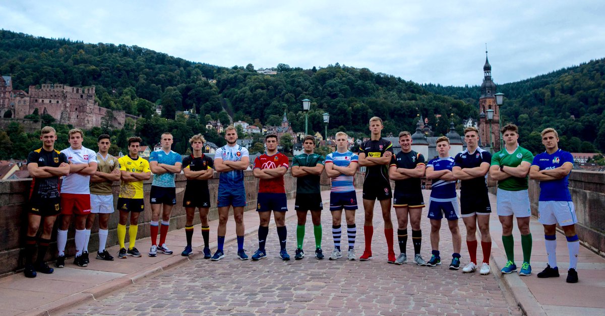 16 captains lined up on the bridge of #Heidelberg ahead #RugbyEurope #M7sU18Championship 
Good luck to all nations !!