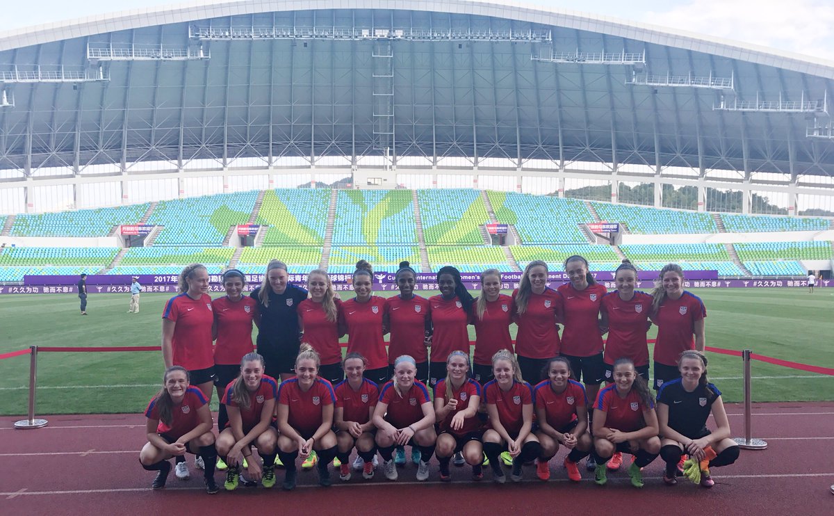 The U-19 #USWNT after stadium training in Duyan, China. USA opens tourney vs. JPN U-20s on 9/10. 10,000 fans expected vs. CHN U-20s on 9/12.