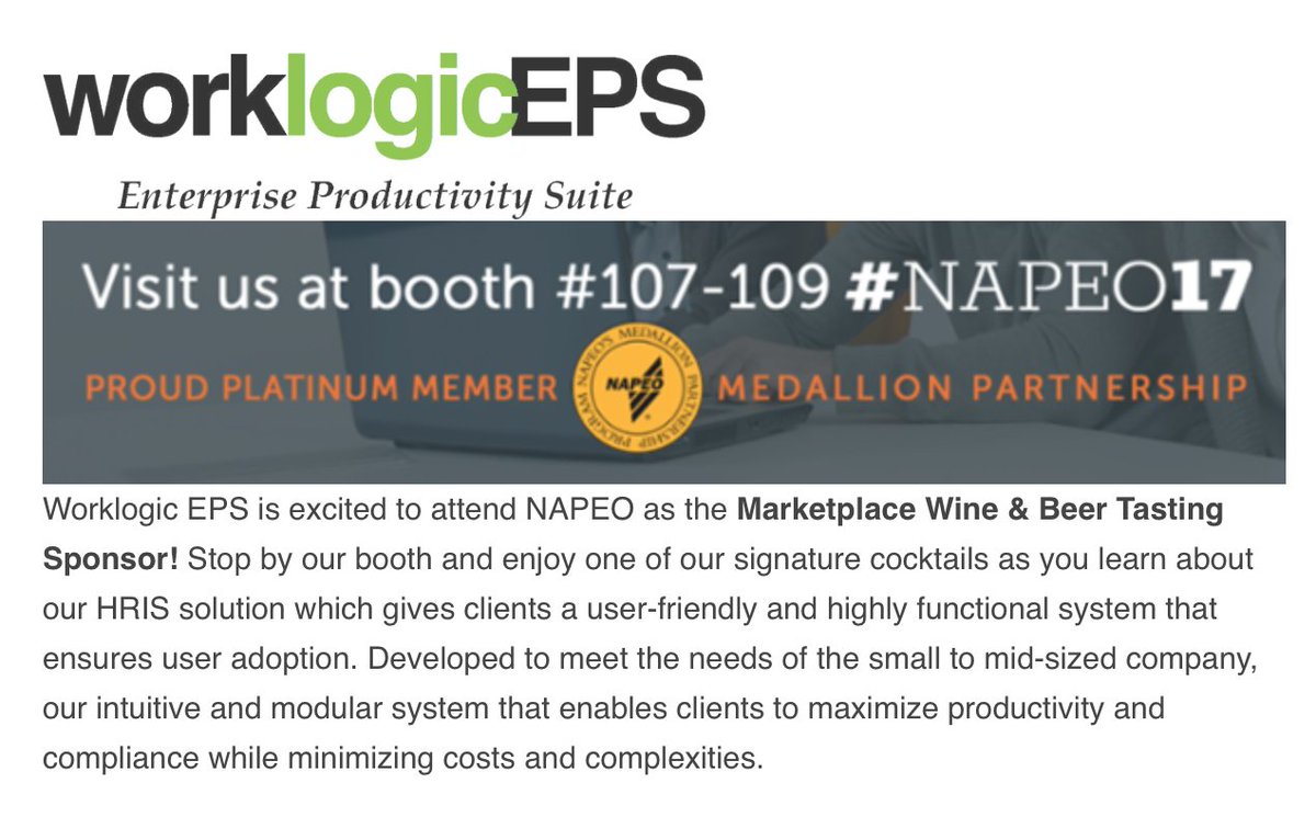 WorklogicEPS's tweet image. Worklogic EPS is excited to attend NAPEO as the Marketplace Wine &amp;amp; Beer Tasting Sponsor! Come see us at Booth #107-109. #NAPEO17