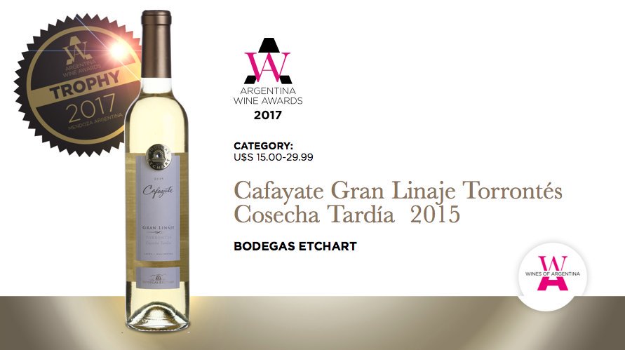 winesofarg's tweet photo. #AWA2017 Trophy: Cafayate Gran Linaje #Torrontés Cosecha Tardía 2015 #BodegasEtchart https://t.co/dFqNuxnNtw
