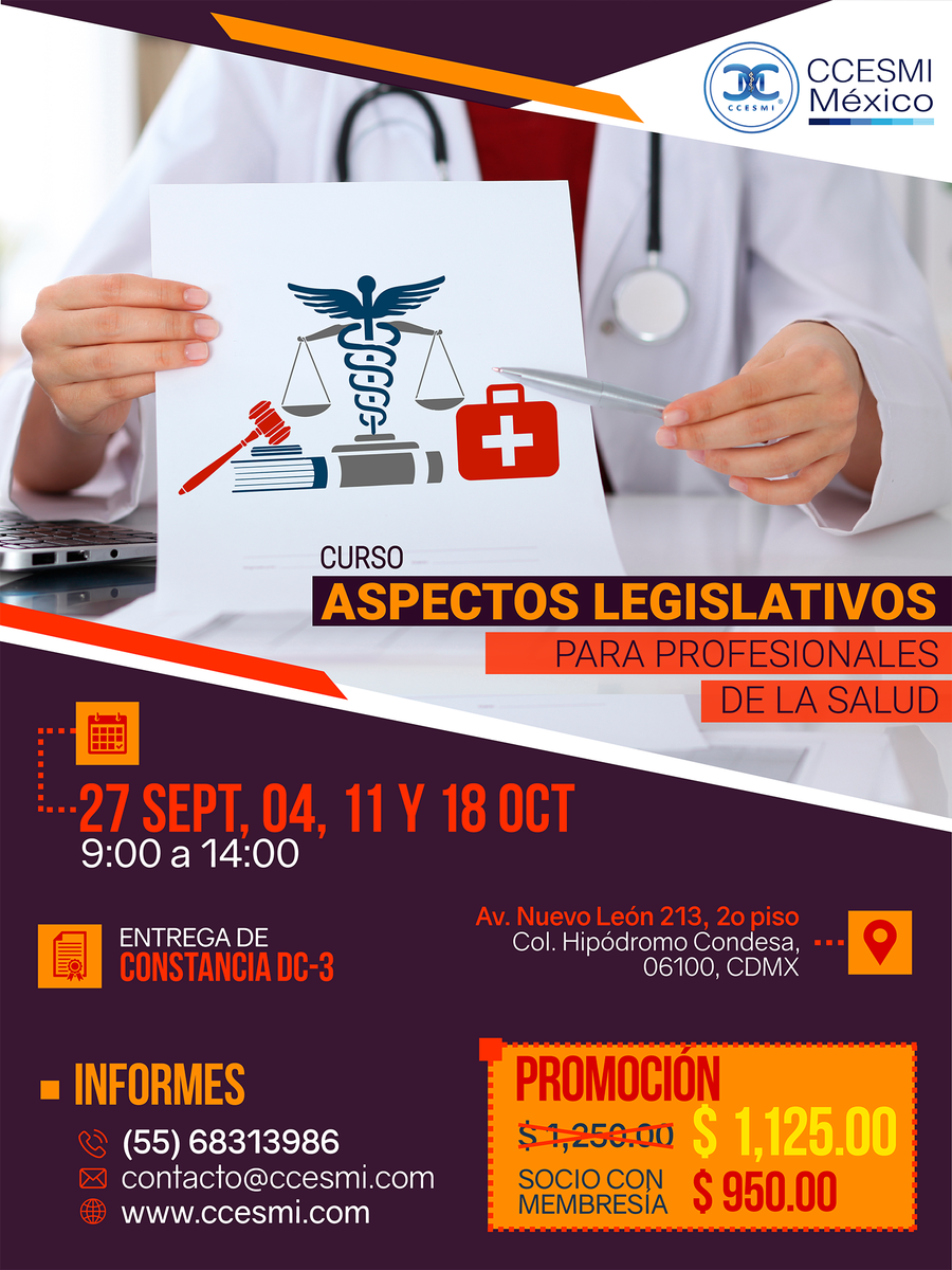 CCESMIMexico's tweet photo. #CCESMIMéxico te invita su curso "Aspectos Legislativos para Profesionales de la Salud" en la #CDMX
Registrate aquí:https://t.co/p5oMrI19hW https://t.co/NFaU5Rl0F6