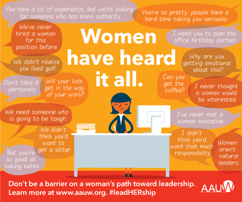 AAUW's tweet image. Gender bias keeps women out of leadership positions. Tackle the problem on your campus — apply for our $5,000 grant: bit.ly/aauwcap