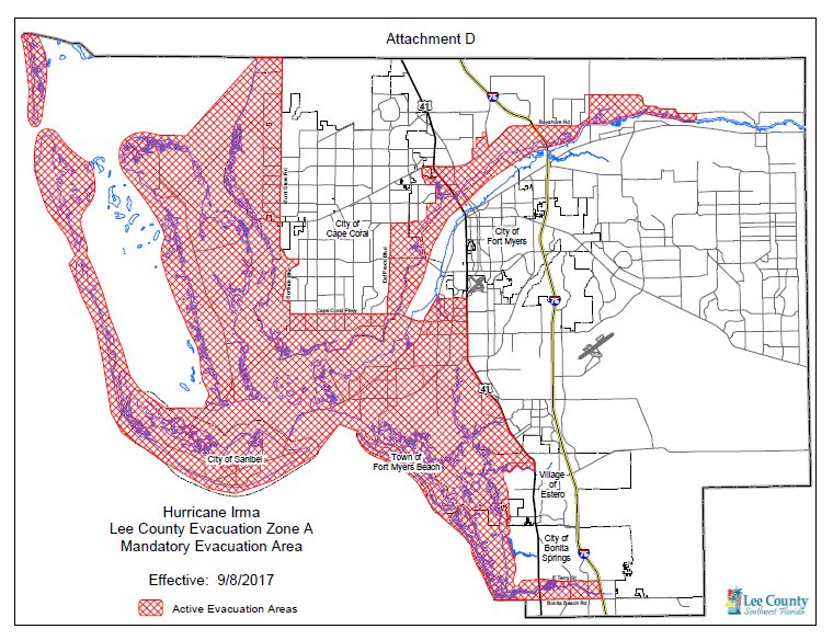 Here's another map showing Zone A mandatory evacuations for Lee County. 