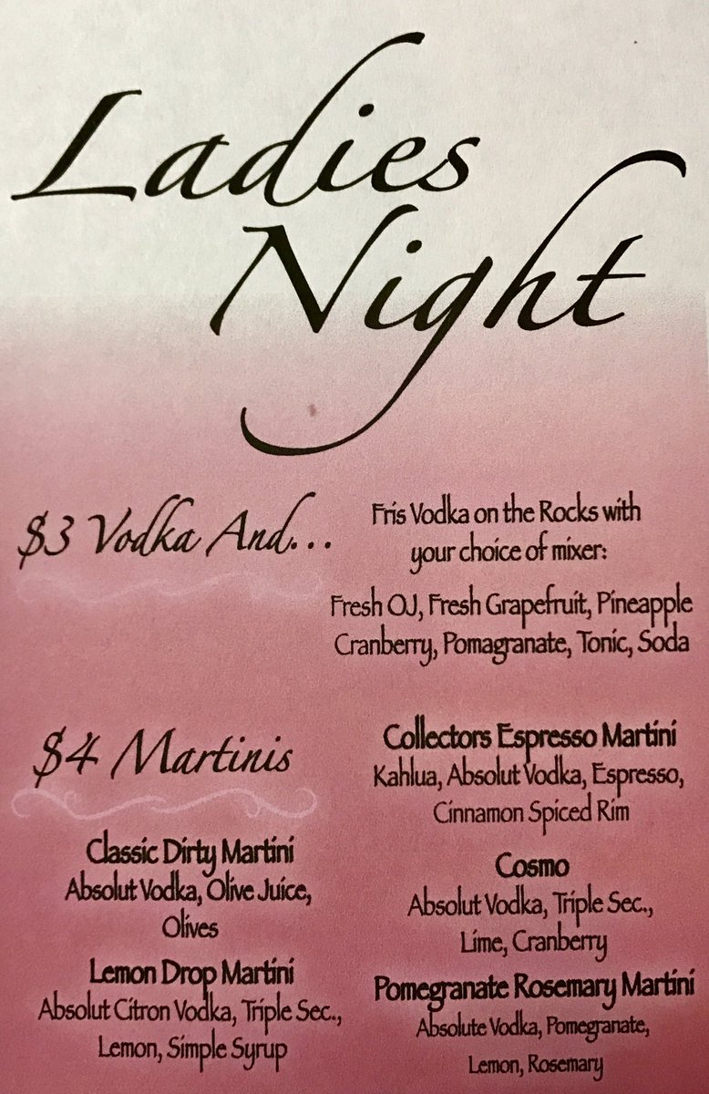 CollectorsMB's tweet image. It's Ladies Night at Collectors Cafe &amp;amp; we just updated our drink specials! Specials start at 9. #collectorscafe #ladiesnight #drinkspecials