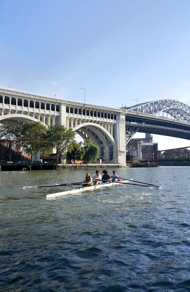 Students from <a href="/cis_explorers/">Campus International K-8</a> honing their rowing skills on the Cuyahoga in a 4+.