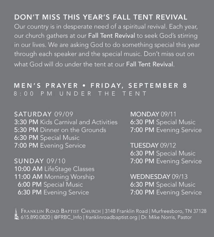 Don't miss the <a href="/frbc_info/">FRBC</a> #FallTentRevival, and also the Kids Carnival at 3:30 with bounce houses, snow cones, cotton candy, and hayrides!