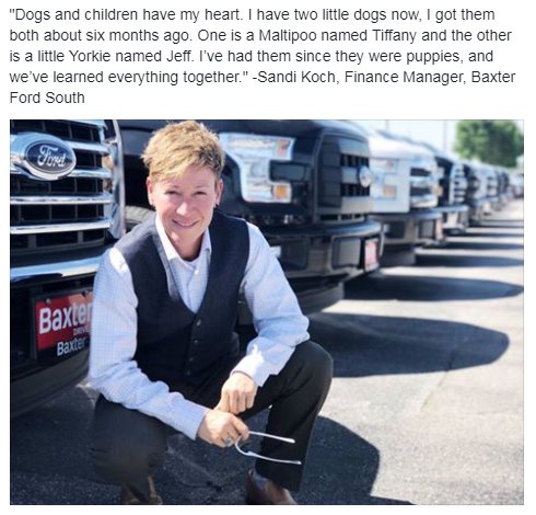 BaxterAuto's tweet photo. Get to know Sandi Koch, our amazing Finance Manager at Baxter Ford South! #BaxterAuto https://t.co/iZzZdhzWqs