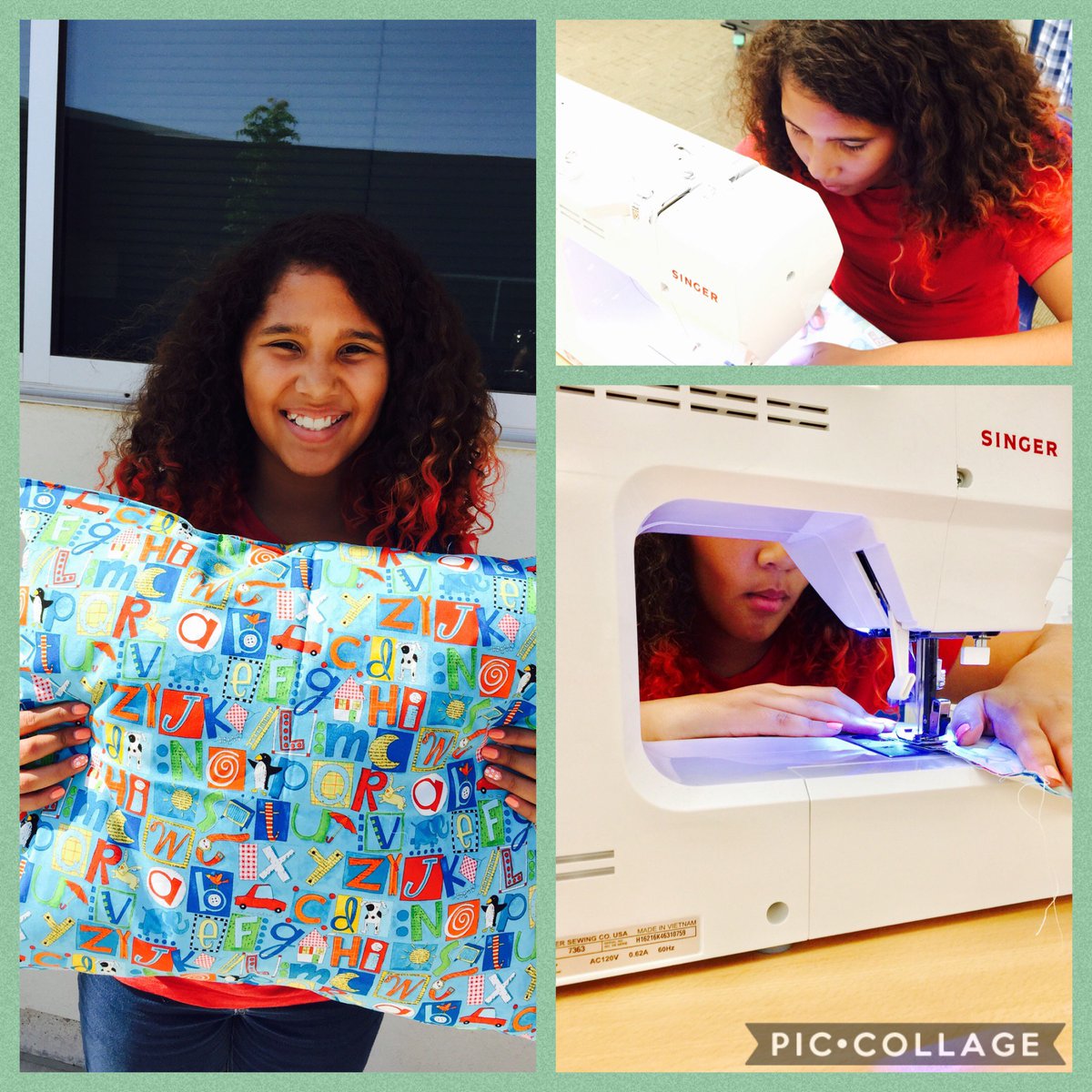 SraGrimaldi's tweet photo. Savannah finished her first machine sewing project! Love that I am able to teach such a fun class! #WCSCoreValues #JoyfulLearning https://t.co/1Fq42zUX6G