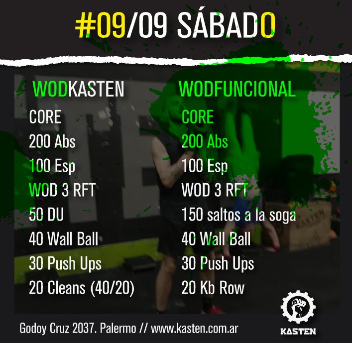 KastenTraining's tweet photo. 💪🏼WOD KASTEN Y FUNCIONAL👊🏼SÁBADO 09 DE SEPTIEMBRE #WOD #argentina #entrenamientofuncional #palermo #bsas #kasten #kastentraining💪🏼 https://t.co/J73yTqhKrg