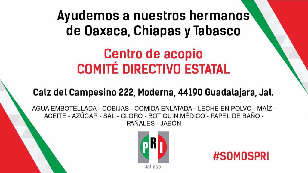 Apoyemos a nuestra gente !! Centro de acopio y campaña de ayuda <a href="/PRI_Jalisco_/">Comité PRI Jalisco</a>