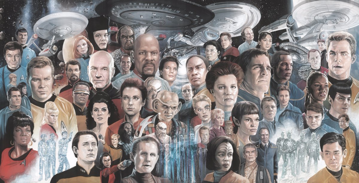 IDWPublishing's tweet photo. Happy #StarTrekDay from your friends at IDW Publishing! Incredible cover art by @JK_Woodward for the 50th Anniversary ST Cover Celebration. https://t.co/bjwWN8bWCA