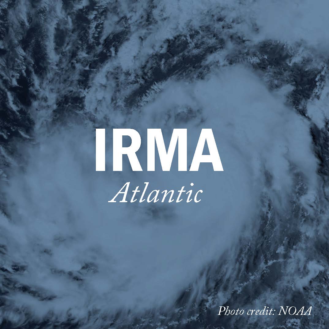 a satellite photo of a hurricane with the text: irma atlantic