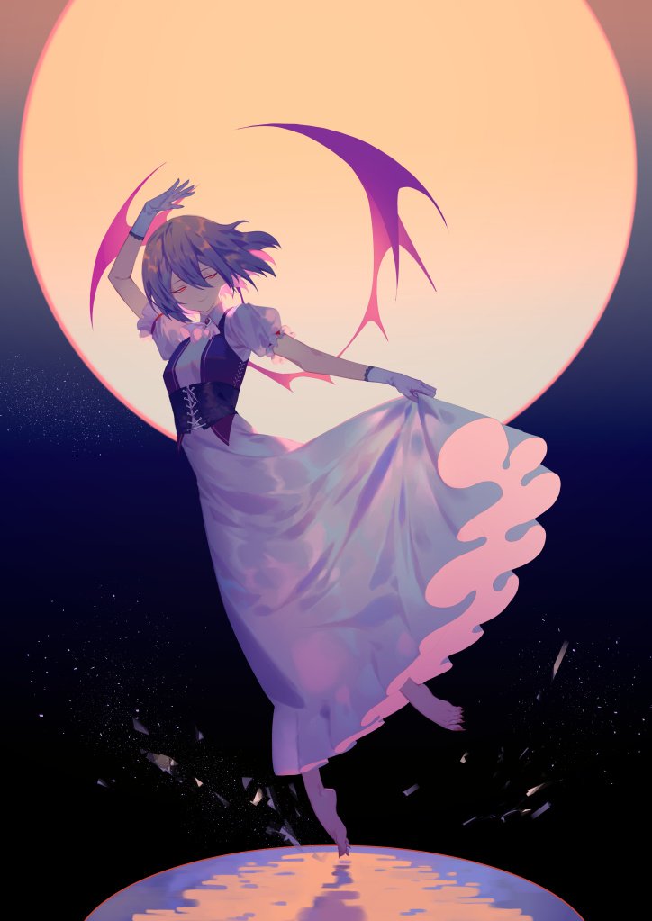 remilia scarlet 1girl solo wings moon closed eyes bat wings dress  illustration images