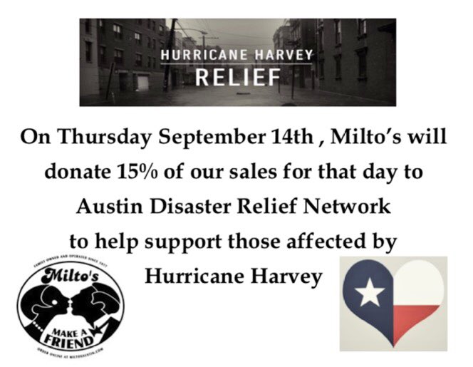 AdGradCouncil's tweet image. One of our sponsors for tomorrow's tailgate, @FDMAustin with @MiltosAustin, asked us to spread the word for their #HarveyRelief: