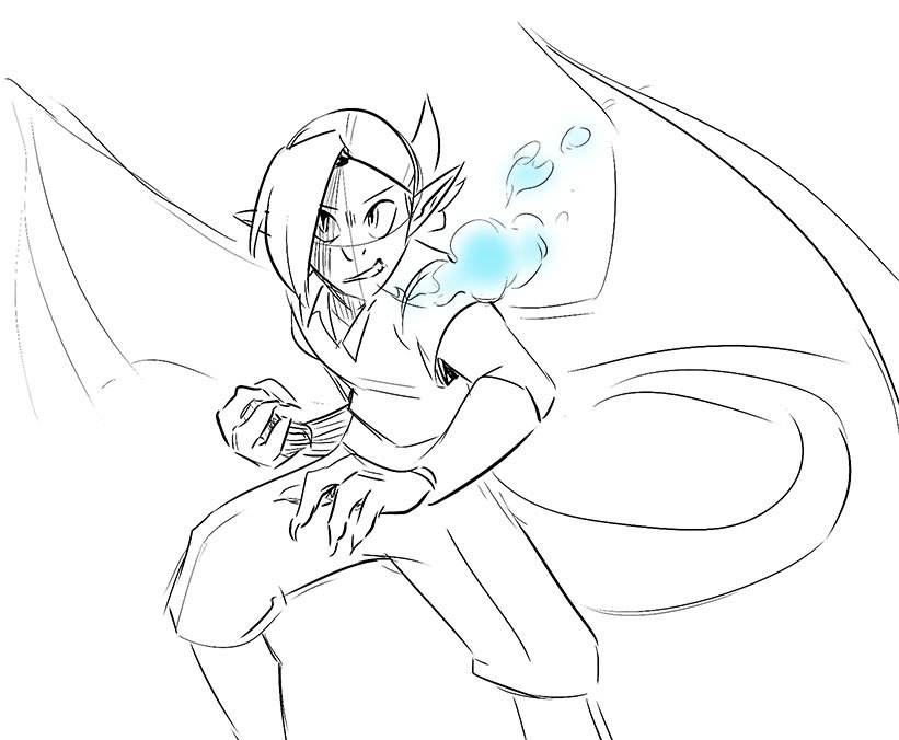 Doodles of old characters that broke the art block- a frosty dragon lizard and small delinquent friend 