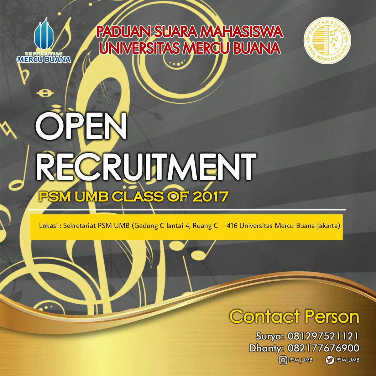 Hai choir people🎵
Bagi kalian yang hobi nya di dunia musik, yuk daftar di PSM UMB! Kita masih buka pendaftaran sampai 28 September lho😉